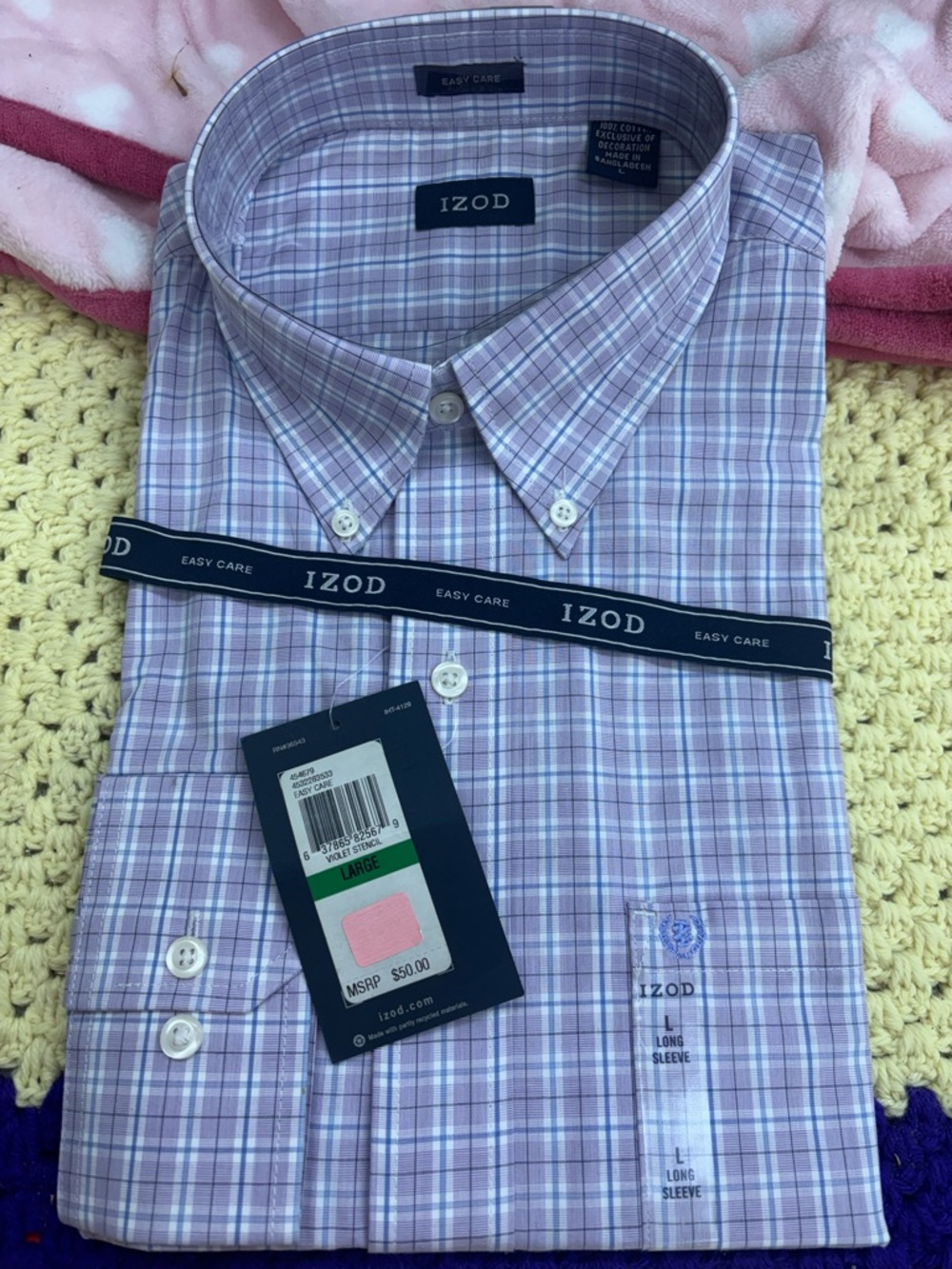 Izod easy care long sleeve button down plaid shirt size large-nwt